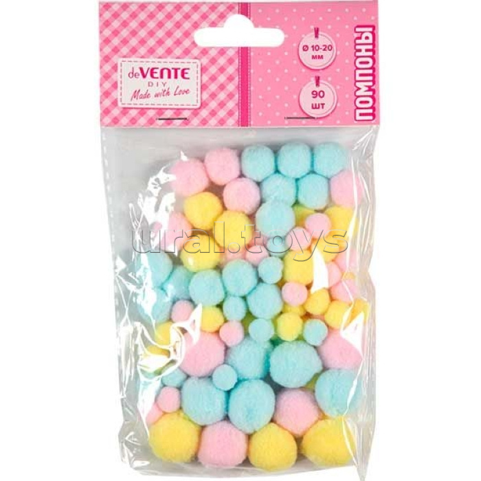 Набор помпонов для творчества "Diy" 90 шт, ассорти размеров и цветов (10 мм - 54 шт, 15 мм - 24 шт, 20 мм - 12 шт) в пластиковом пакете с блистерным подвесом, пастельные оттенки