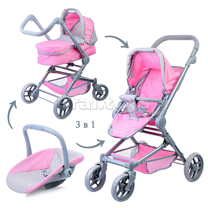 Коляска зима-лето 9636 для кукол, металл. с люлькой-переноской, со сменным коробом, с корзиной, в пакете