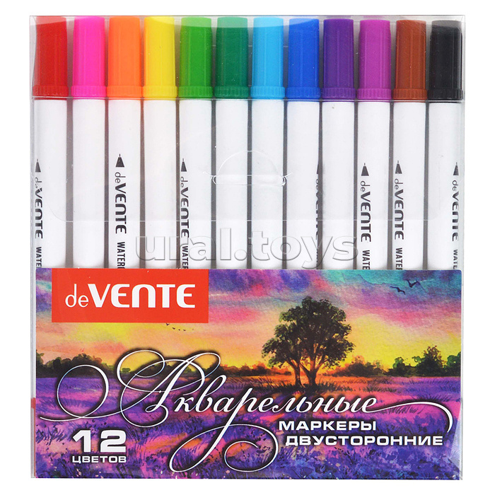 Маркеры акварельные 12 цветов, двусторонние (кистевидный до 2 мм/пулевидный в металлической обойме 0,4 мм), круглый корпус, акварельные чернила на водной основе, в пластиковой коробке