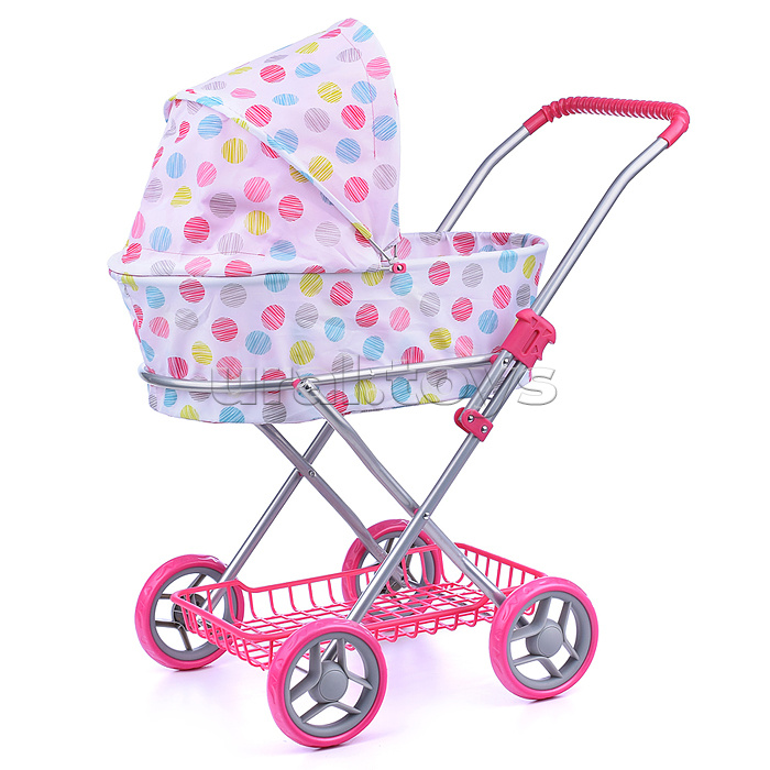 Коляска для кукол, металлическая, складная, прогулочная с капюшоном, с сумкой и корзиной , цве