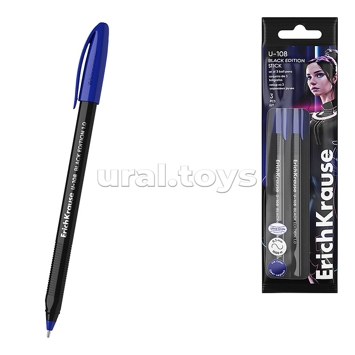 Набор из 3 ручек шариковых U-108 Stick Black Edition, 1.0, Ultra Glide Technology, цвет чернил синий (в пакете) Набор из 3 ручек шариковых U-108 Stick Black Edition, 1.0, Ultra Glide Technology, цвет чернил синий (в пакете)