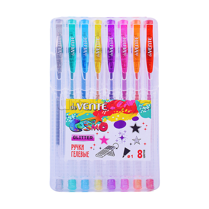 Набор ручек гелевых "Cosmo Glitter" 8 цветов с блестками, d=1 мм, прозрачный корпус.