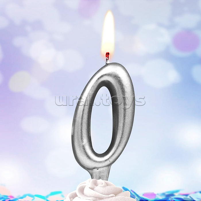 Свеча Цифра, 0, Серебро, 6 см, 1 шт.