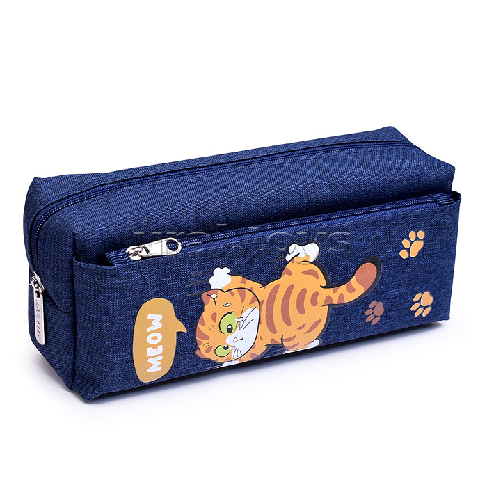 Пенал "Meow Cat" 21x8,5x6 см, плотный износостойкий полиэстер с водоотталкивающей пропиткой, отделение на молнии, прямоугольный для 70 предметов, внешний карман на молнии, темно-синий