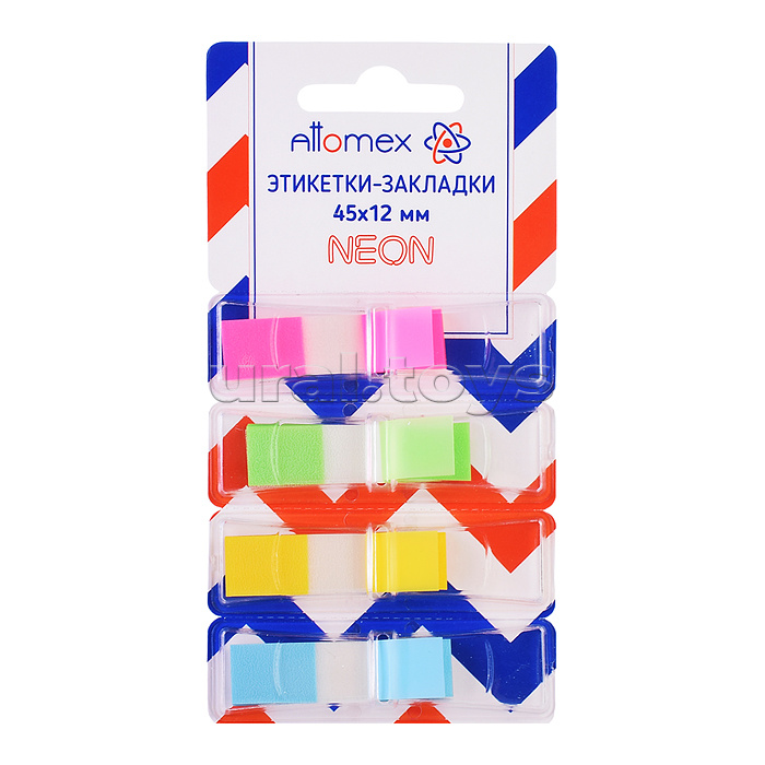 Набор самоклеящихся этикеток-закладок "Attomex" пластиковые полупрозрачные, в индивидуальном диспенсере Z-сложение, 45x12 мм, 4x50 листов, 4 неоновых цвета.