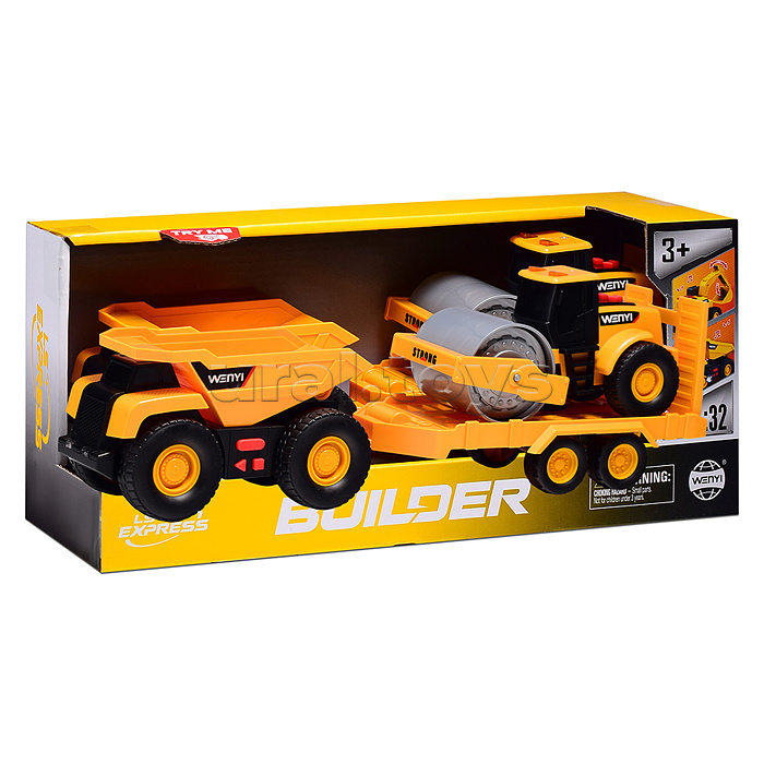 Машина "Бульдозер" с прицепои и катком, 1:32 (свет, звук) в коробке