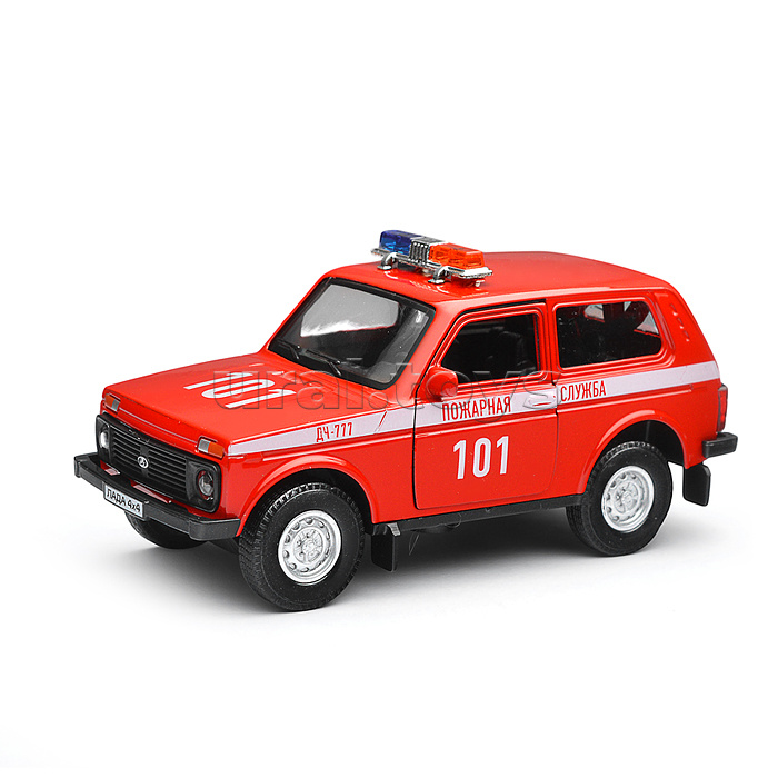 Модель пластик Гараж. LADA 4x4 Пожарная часть 20,5 см, ( крас.) в коробке