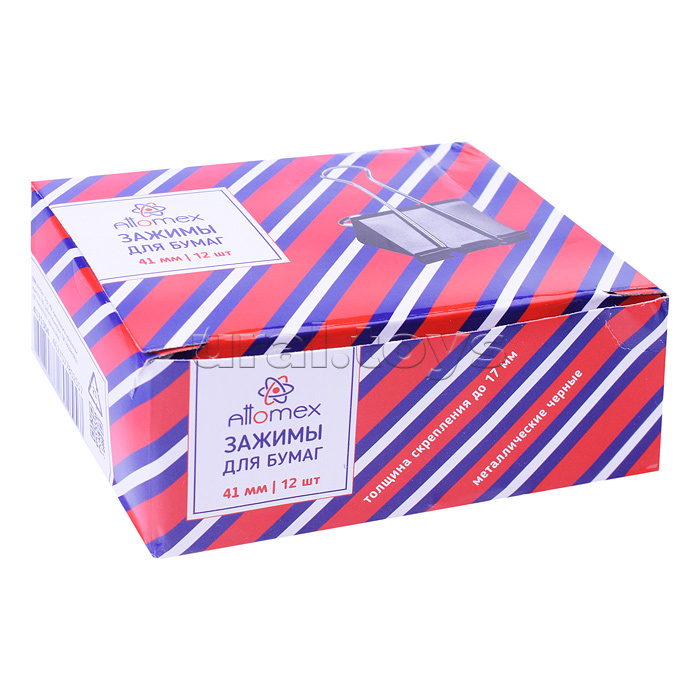 Зажим для бумаг "Attomex" металлический (41 мм) толщина скрепления до 17 мм, черный, 12 шт в картонной коробке