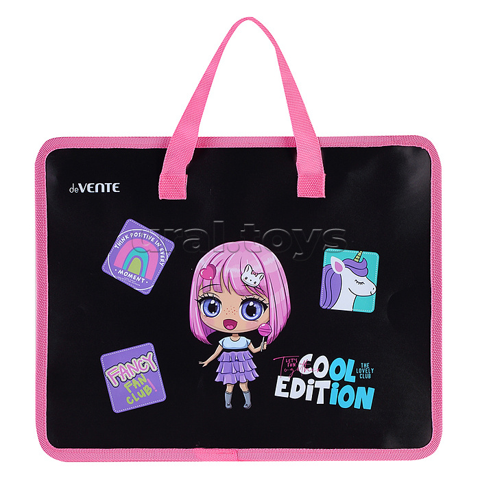 Папка для тетрадей, ИЗО и технологии "Fancy Girl" A4 (33,5x26x10 см) с текстильным расширением 10 см, на молнии сверху, пластик 400 мкм, текстильные ручки, в пластиковом пакете