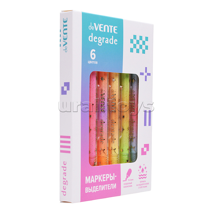 Набор маркеров-выделителей "Degrade" (06 цв. - оранж., желт., зел., гол., роз., капуч.) цвета с мерцающими блестками, круглый корпус, скошенный наконечник, ширина линии 1-4 мм, с клипом, в пластиковой коробке
