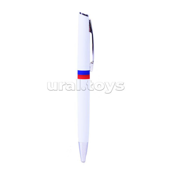 Ручка шариковая автоматическая "Триколор" с поворотным механизмом, d=0,7 мм, белый корпус с российским флагом, индивидуальная маркировка, сменный стержень, синяя Ручка шариковая автоматическая "Триколор" с поворотным механизмом, d=0,7 мм, белый корпус с российским флагом, индивидуальная маркировка, сменный стержень, синяя