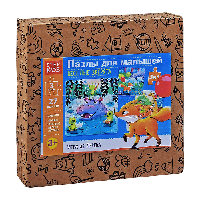 Пазлы деревянные: набор из трёх пазлов 9 эл. "Весёлые зверята" (StepKids)