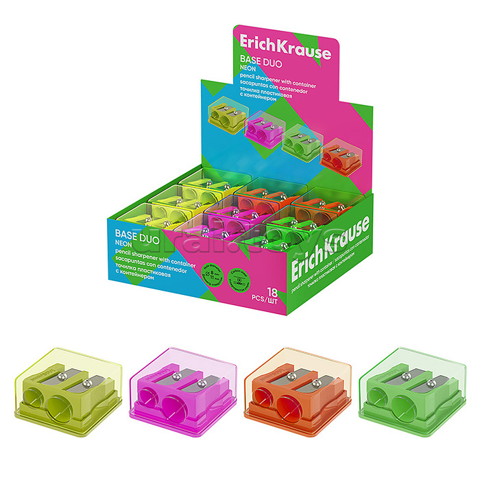 Точилка пластиковая Base Duo, Neon, с контейнером, ассорти (в коробке-дисплее по 18 шт)