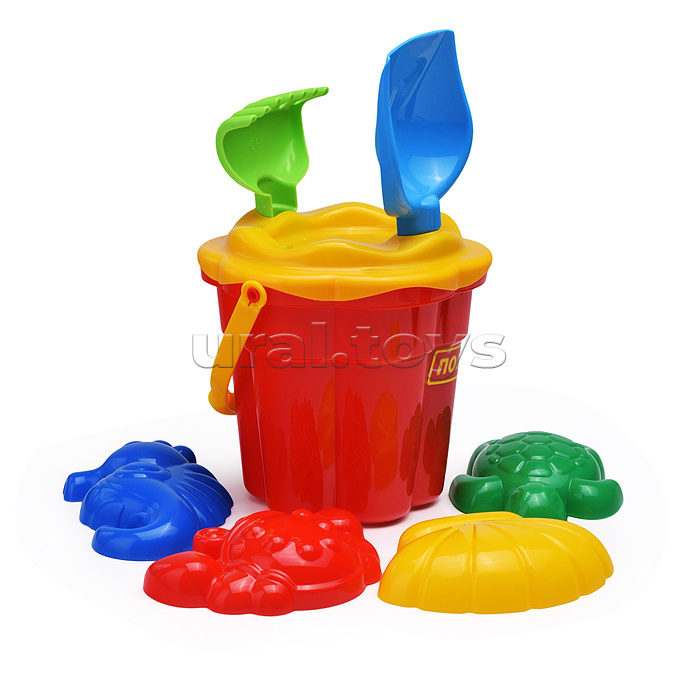 Набор №307: ведро-цветок среднее №3, ситечко-цветок среднее №3, лопатка №5, грабельки №5, формочки (краб №2 + морской конёк + ракушка №2 + черепаха)