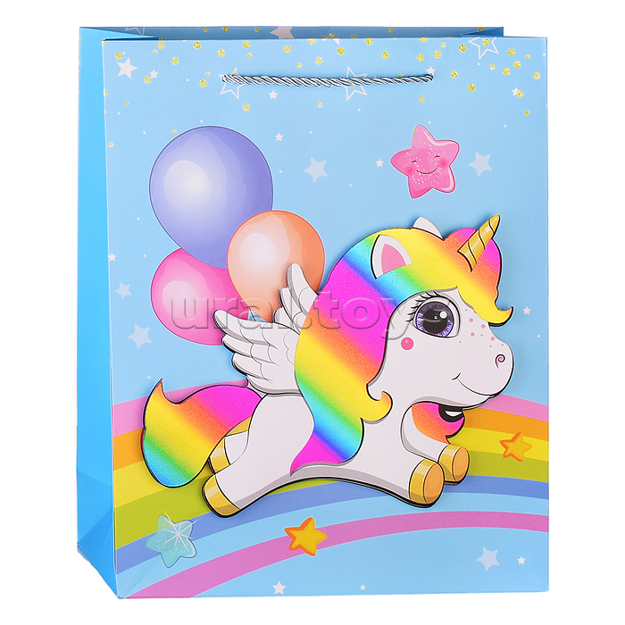 Пакет подарочный "Единорог на радуге" 26х32х10 см, 3D