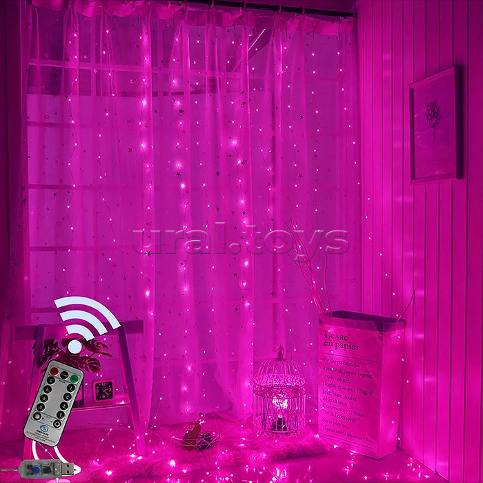 Электрогирлянда-занавес Роса, 3*3м, 300 ламп, USB, пульт, розовый