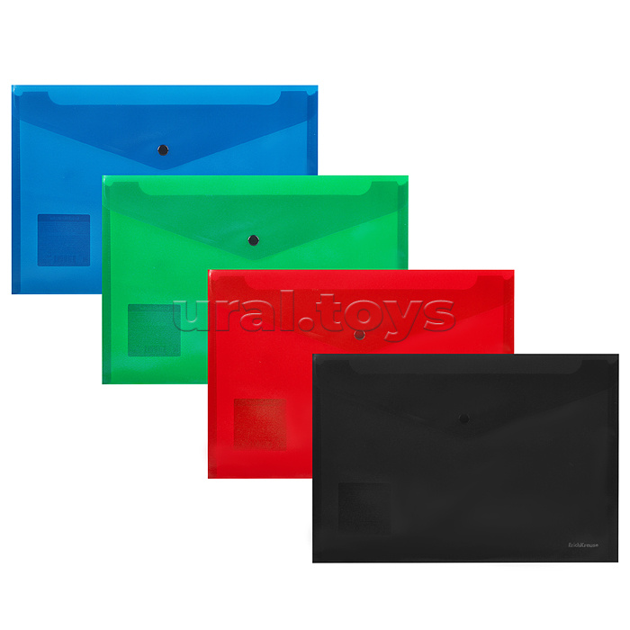 Папка-конверт на кнопке пластиковая  ErichKrause® Fizzy Classic, непрозрачная, А4, ассорти (в пакете по 12 шт.)