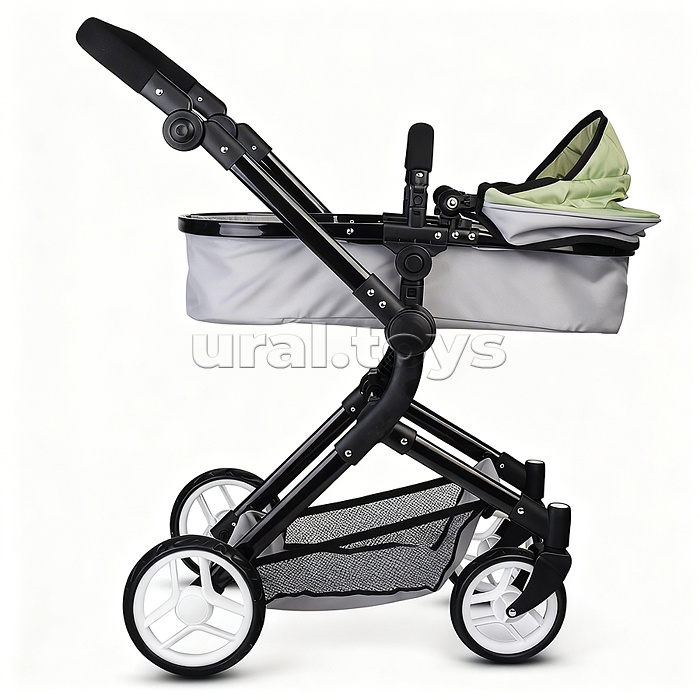 Коляская кукольная металлическая, прогулочная, с корзиной, серо-зеленая