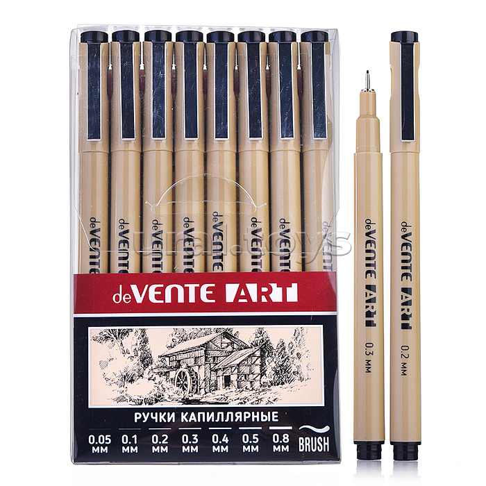 Набор ручек капиллярных "ART" 08 шт, d=0,05, 0,1, 0,2, 0,3, 0,4, 0,5, 0,8 мм и кистевидный, чернила - черные перманентные, круглый корпус, металлический клип, пишущий узел в металлической обойме (кроме кистевидного), в пластиковой коробке