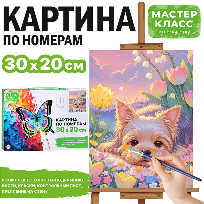 Картина по номерам "Щенок в цветах" 30*20  см.
