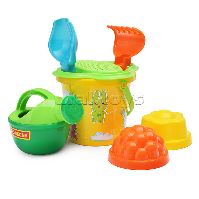 Набор №228: ведро малое с наклейкой, ситечко-цветок, совок №2, грабельки №2, 2 формочки, лейка малая