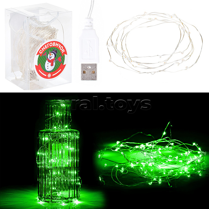 Электрогирлянда светодиодная 10 м, 100 ламп, зеленый, USB