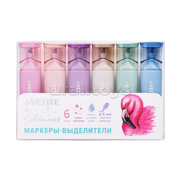 Набор маркеров-выделителей "Shimmer" (06 цв. - светло-розовый, розовый, голубой, сиреневый, зеленый, бежевый) цвета с блестками, плоский корпус, скошенный наконечник, ширина линии 1-5 мм, в пластиковой коробке