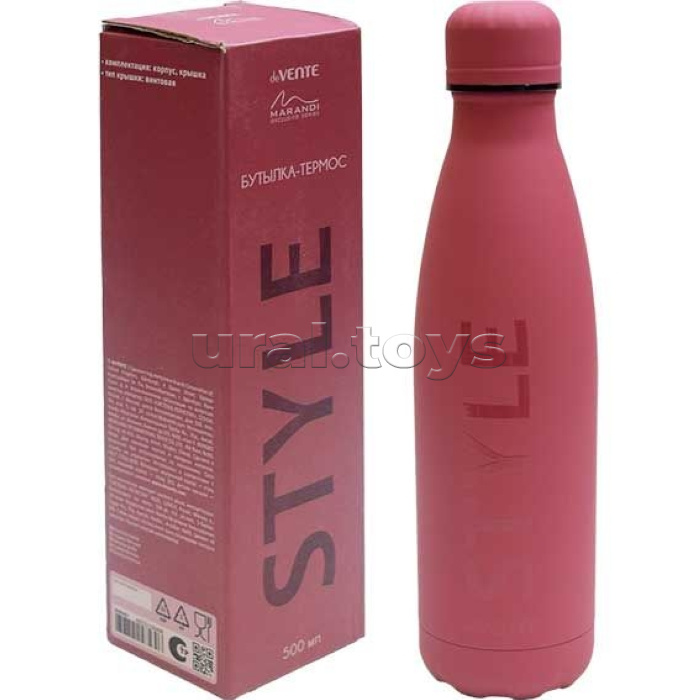 Бутылка-термос "Marandi" 500 мл, 26,3x7,6x7,6 см, 8-12 часов, нержавеющая сталь, с герметичной крышкой-пробкой, матовая, бордовая, лакированная надпись STYLE