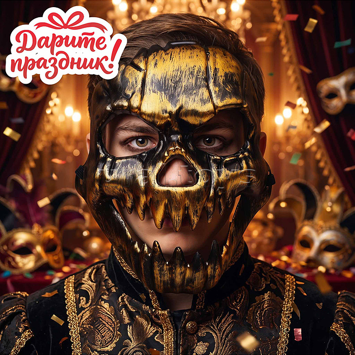 Карнавальная маска "Череп" цвет золотой/серебрянный