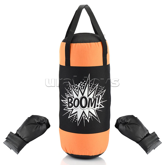Набор для бокса: груша 50см х Ø20см (оксфорд) с перчатками. Цвет черный-оранжевый, принт "BOOM!"