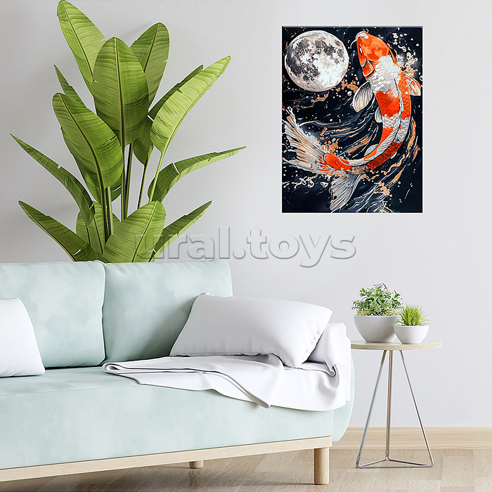 Картина по номерам 40х50 "Танец карпа кои с луной" с поталью платина на чёрном холсте (16 цветов)