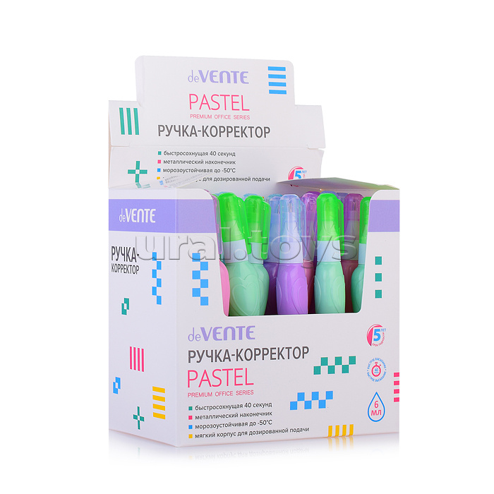 Ручка-корректор "Pastel" 06 мл, быстросохнущая, трубчатая система подачи, цвета корпуса ассорти, в картонном дисплее с пластиковым поддоном Ручка-корректор "Pastel" 06 мл, быстросохнущая, трубчатая система подачи, цвета корпуса ассорти, в картонном дисплее с пластиковым поддоном