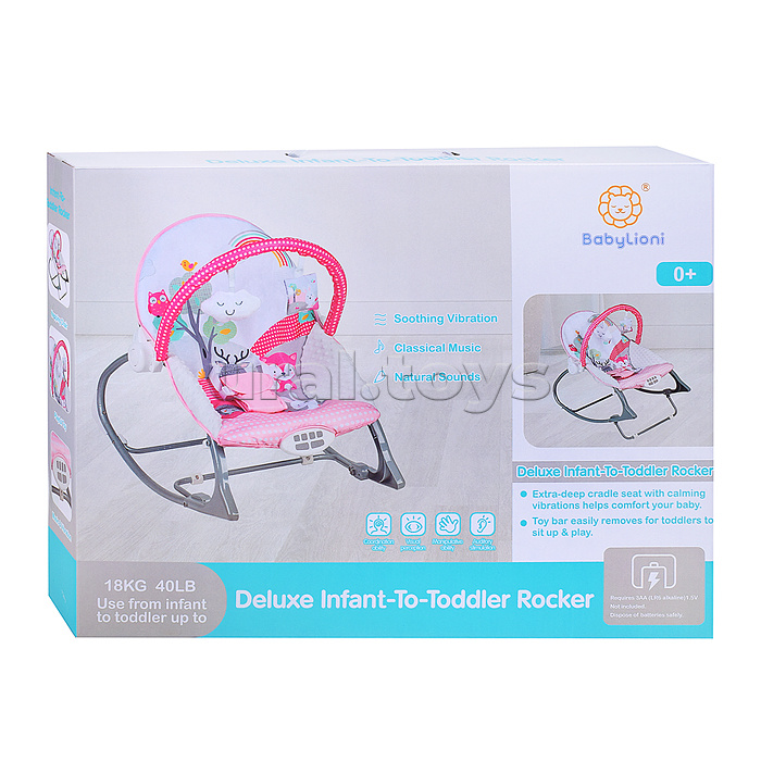 Шезлонг детский "Лесные жители" розовый, музыка, вибрация, в коробке