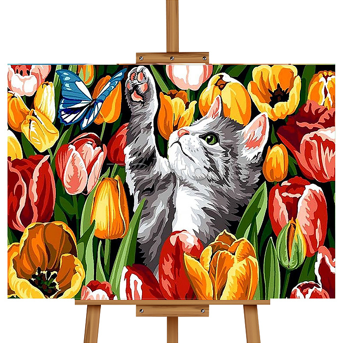 Набор для рисования "Картина по номерам 30х20 см. Котёнок в тюльпанах"