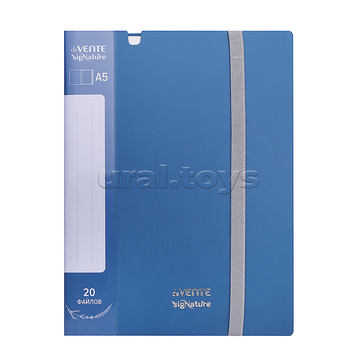 Папка с 020 вкладышами A5 "SigNATURE" A5 (165x220x10 мм) полипропилен 650 мкм, фактура "ткань" вкладыши 30 мкм, внутренний карман 160 мкм, широкая резинка, индивидуальная упаковка, сумеречно синяя