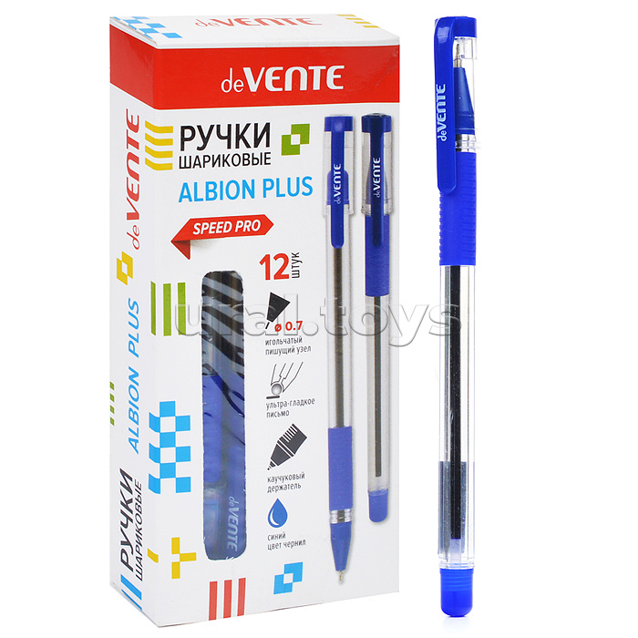 Ручка шариковая "Albion Plus" серия Speed Pro, d=0,7 мм, ультра гладкое письмо, чернила на масляной основе, игольчатый пишущий узел, прозрачный корпус с каучуковым держателем, сменный стержень, индивидуальная маркировка, синяя