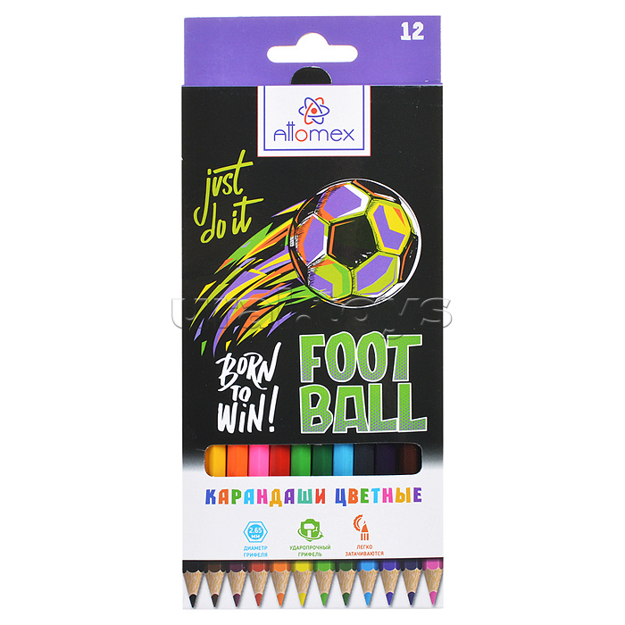 Карандаши цветные "Attomex. Football" 12 цветов, М, диаметр грифеля 2,65 мм, шестигранные, в картонной коробке