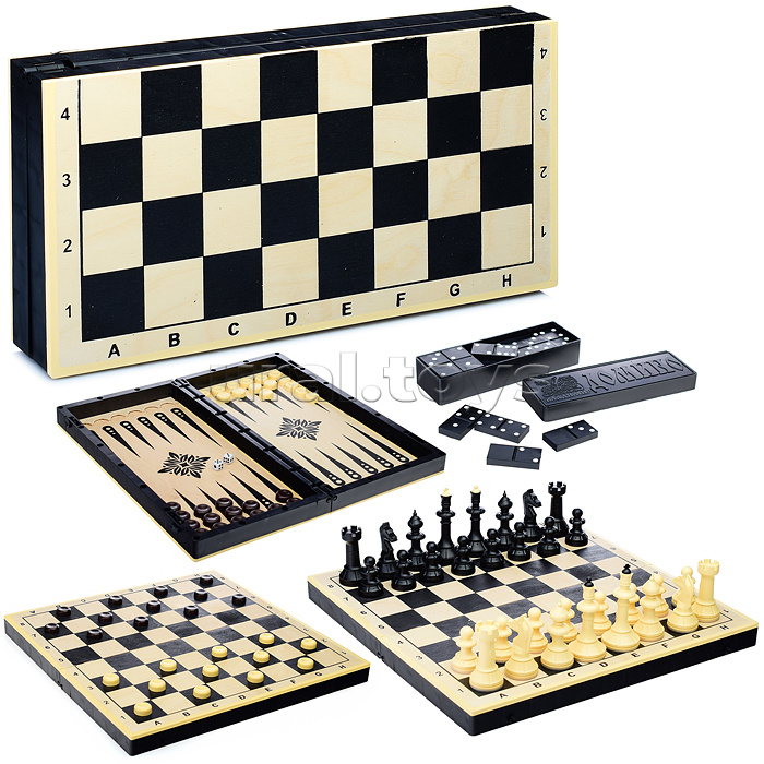 Игра 4 в 1 (Шахматы, шашки, нарды, домино, доска дерево+пластик)