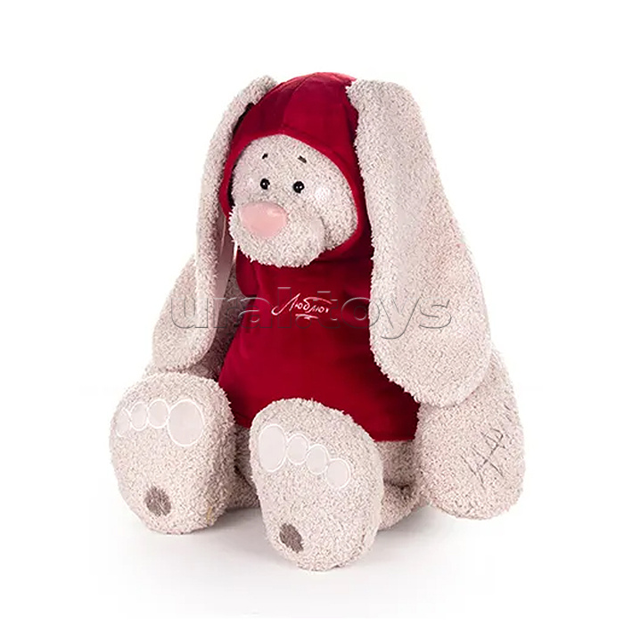 Заяц Вито в бордовой кофте, с сердцем подушкой пушистой, 37см