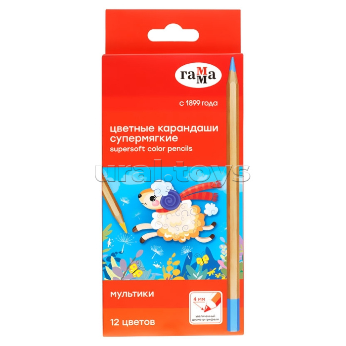 Карандаши цветные Гамма "Гамма" 12цв., супермягкие, увелич. диаметр грифеля 4,0мм, заточенные, картон. упак., европодвес