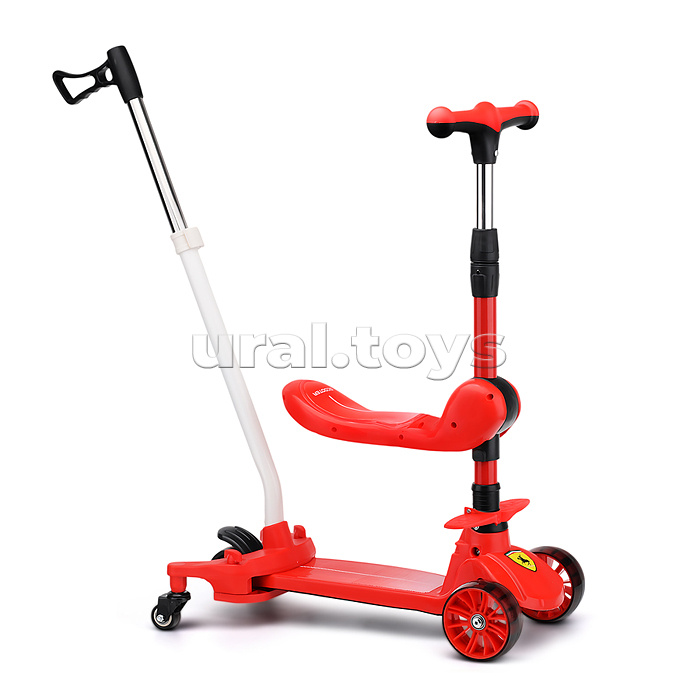 Самокат 3-х. кол., с сиденьем, ограничителем и родительской ручкой, колеса PU, красный, в коробке
