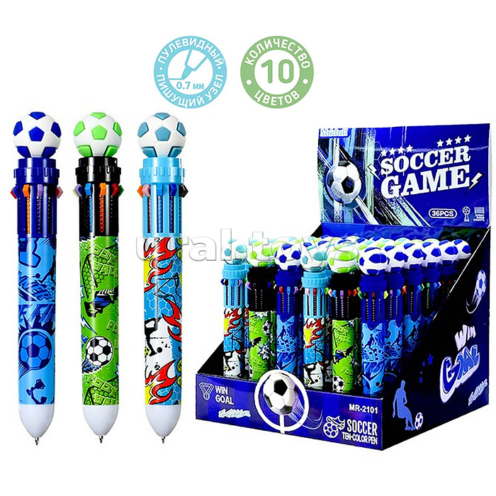 Ручка шариковая автоматическая "WIN GOAL" 10 цв. (фиолетовый, черный, синий, красный, оранжевый, зеленый, жёлтый, голубой, розовый, коричневый), пулевидный пиш.узел 0.7мм, корпус пластиковый цветной, сменный стержень 68 мм, картонный дисплей