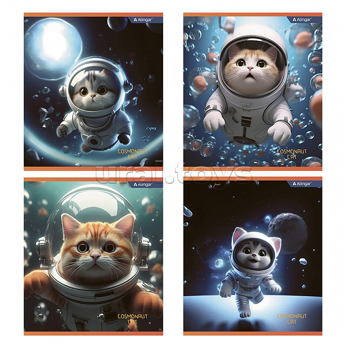 Тетрадь 48л., клетка, "Cosmonaut cat", А5, скрепка, мелованный картон (стандарт), блок офсет, 4 дизайна в пленке т/у