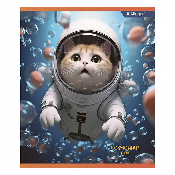 Тетрадь 48л., клетка, "Cosmonaut cat", А5, скрепка, мелованный картон (стандарт), блок офсет, 4 дизайна в пленке т/у