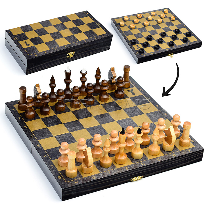 Игра 2в1 дорожная черная, рисунок золото с походными деревянными шахматами (шашки, шахматы) "Классика" (290*145*60)