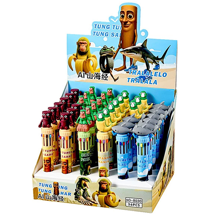 Ручка шариковая автоматическая "Итал.Мем" 10-ти цветная, пулевидный пиш.узел 0.7мм, корпус пластиковый цветной, 6 дизайнов, картонный дисплей