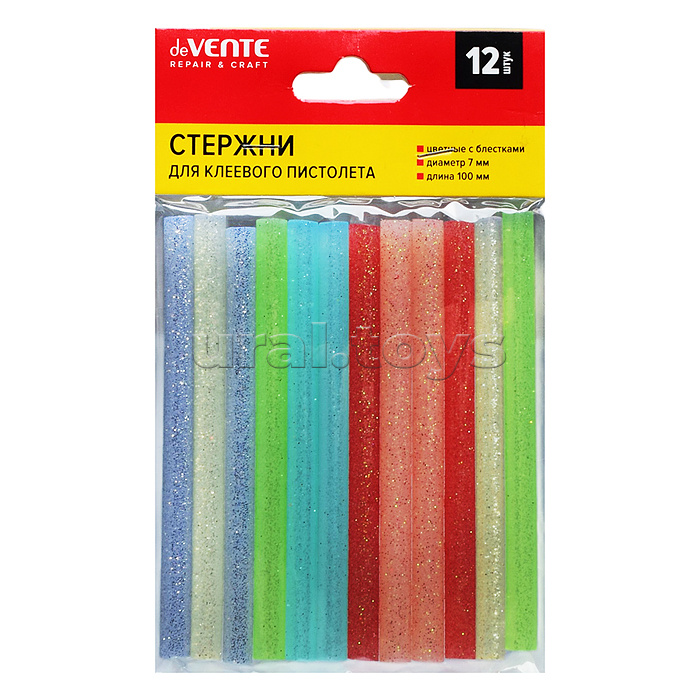 Клеевые стержни "REPAIR & CRAFT" Ø 7 мм, цветные (ассорти) с блестками, длина 100 мм, 12 шт в упаковке c картонным европодвесом
