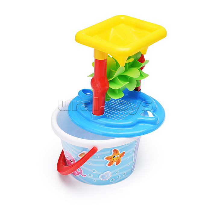 Набор №348: песочная мельница №2 с основанием ситечко среднее №2, ведро среднее с наклейкой, совок №2, грабельки №2, формочки (черепаха + морской конёк)