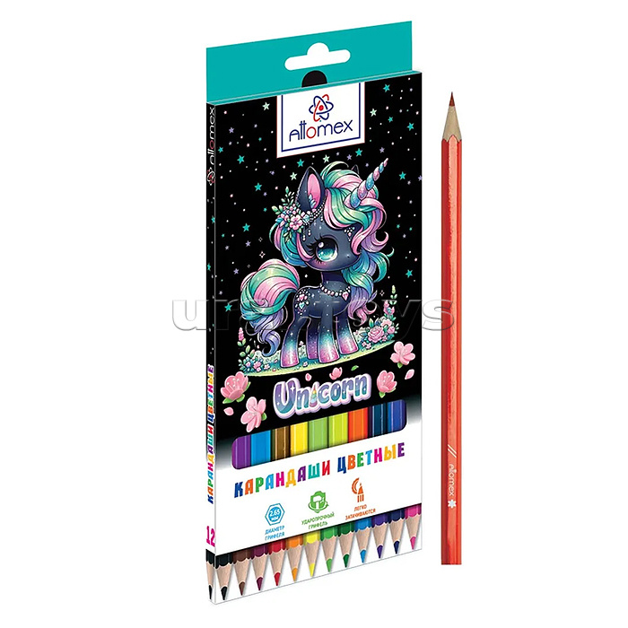 Карандаши цветные пластиковые "Unicorn" 12 цветов, 2М, диаметр грифеля 2,65 мм, шестигранные, в картонной коробке