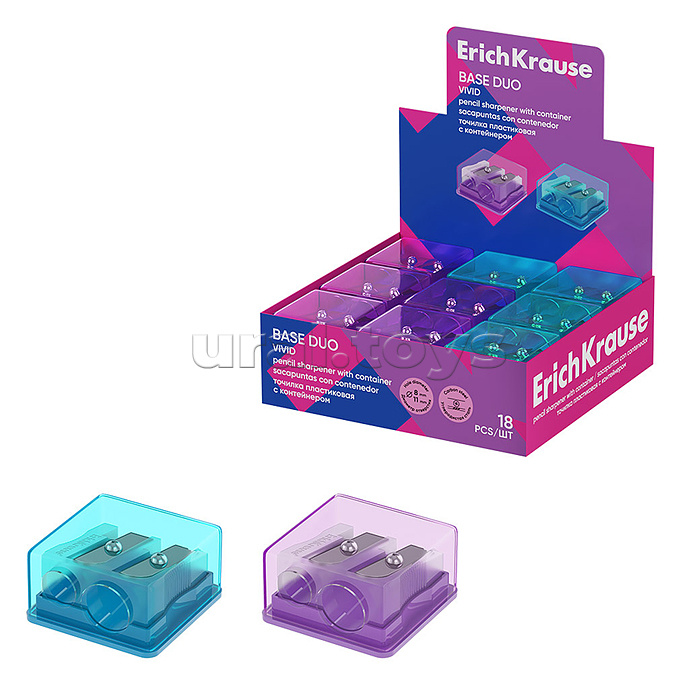 Точилка пластиковая Base Duo, Vivid, с контейнером, ассорти (в коробке-дисплее по 18 шт)